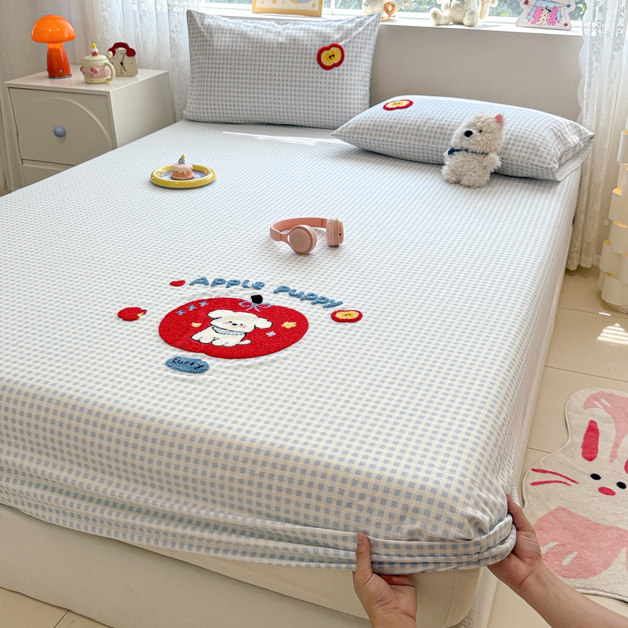 91家纺网 家纺一手货源 找家纺 慕尚家纺 2025新款全棉磨毛毛巾绣单床笠 床笠单件 苹安瑞瑞