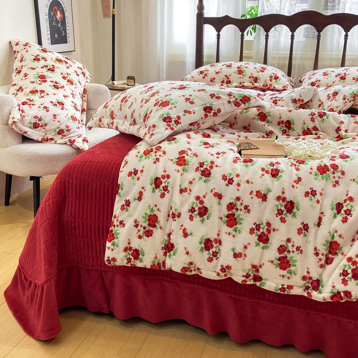 91家纺网 家纺一手货源 找家纺 仟网汇 2025新款亲肤舒适双面牛奶绒床盖款四件套 胭脂