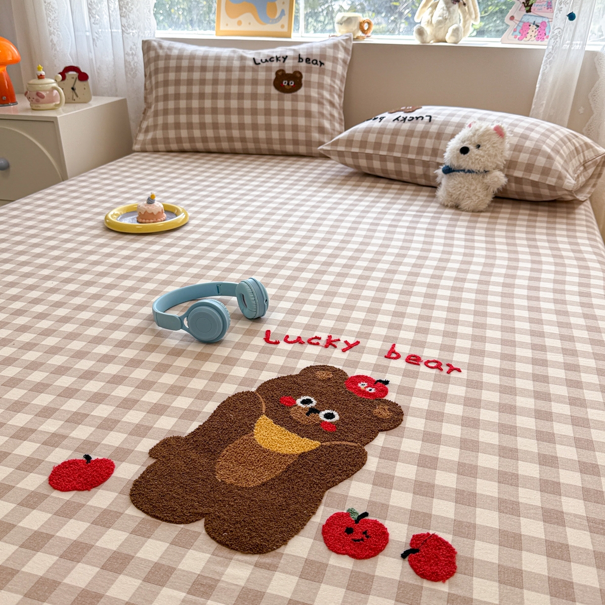 91家纺网 家纺一手货源 找家纺 慕尚家纺 2025新款全棉磨毛毛巾绣单床笠 床笠单件 熊熊满满