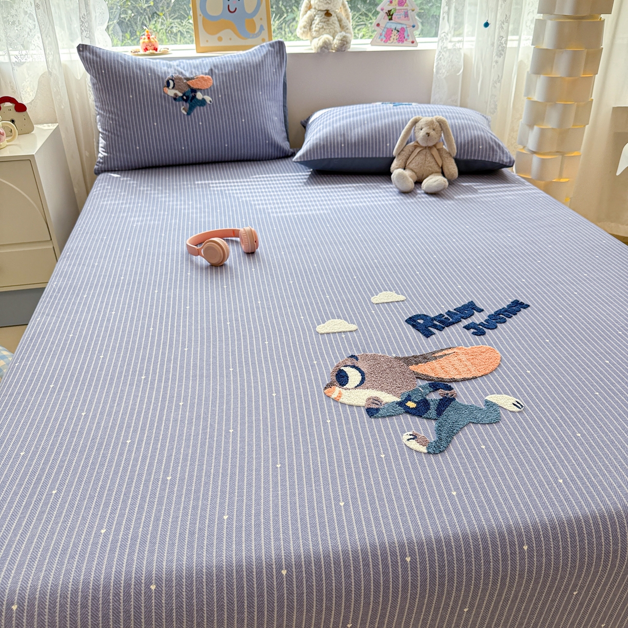 91家纺网 家纺一手货源 找家纺 慕尚家纺 2025新款全棉磨毛毛巾绣单床笠 床笠单件 字母兔