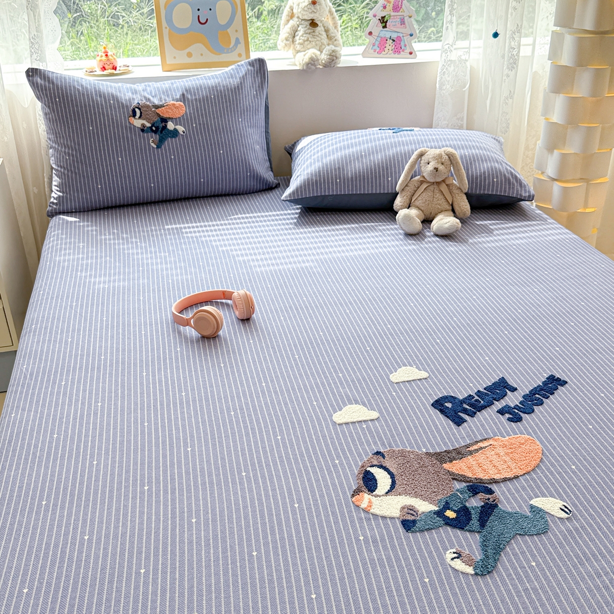 91家纺网 家纺一手货源 找家纺 慕尚家纺 2025新款全棉磨毛毛巾绣单床笠 床笠单件 字母兔