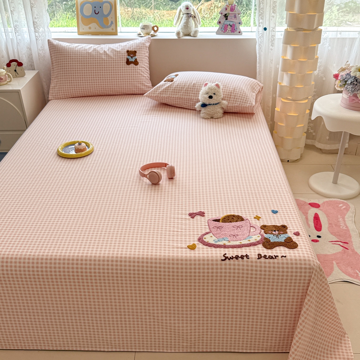 91家纺网 家纺一手货源 找家纺 慕尚家纺 2025新款全棉磨毛毛巾绣单床单 床单单件 茶杯小熊