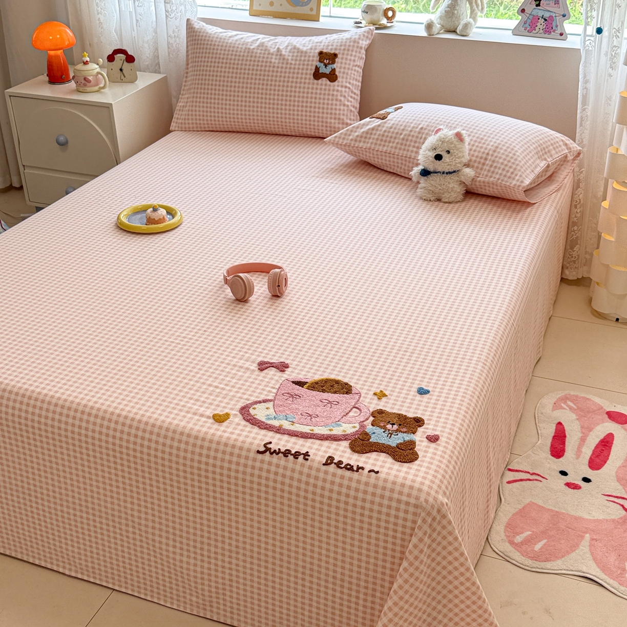 91家纺网 家纺一手货源 找家纺 慕尚家纺 2025新款全棉磨毛毛巾绣单床单 床单单件 茶杯小熊