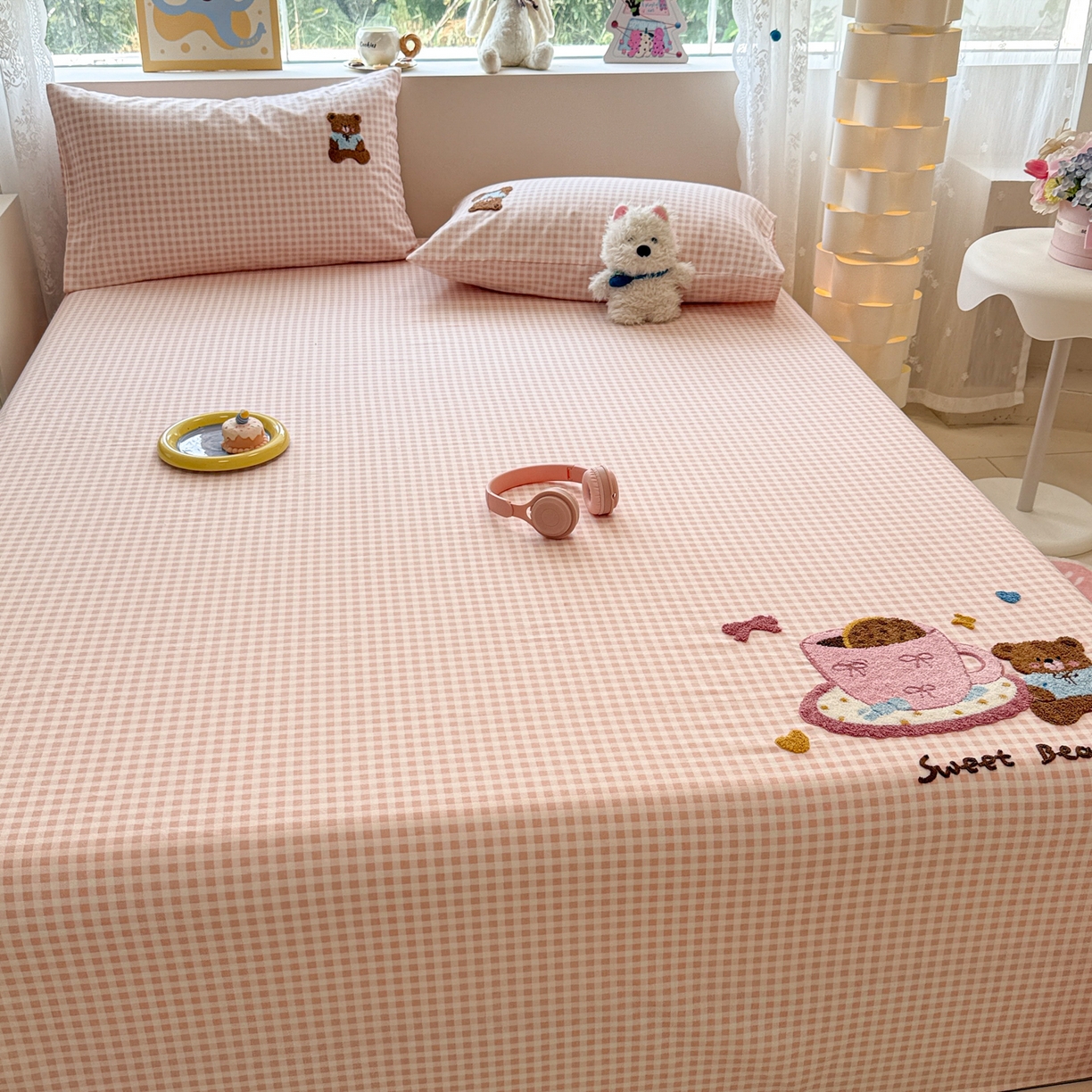 91家纺网 家纺一手货源 找家纺 慕尚家纺 2025新款全棉磨毛毛巾绣单床单 床单单件 茶杯小熊