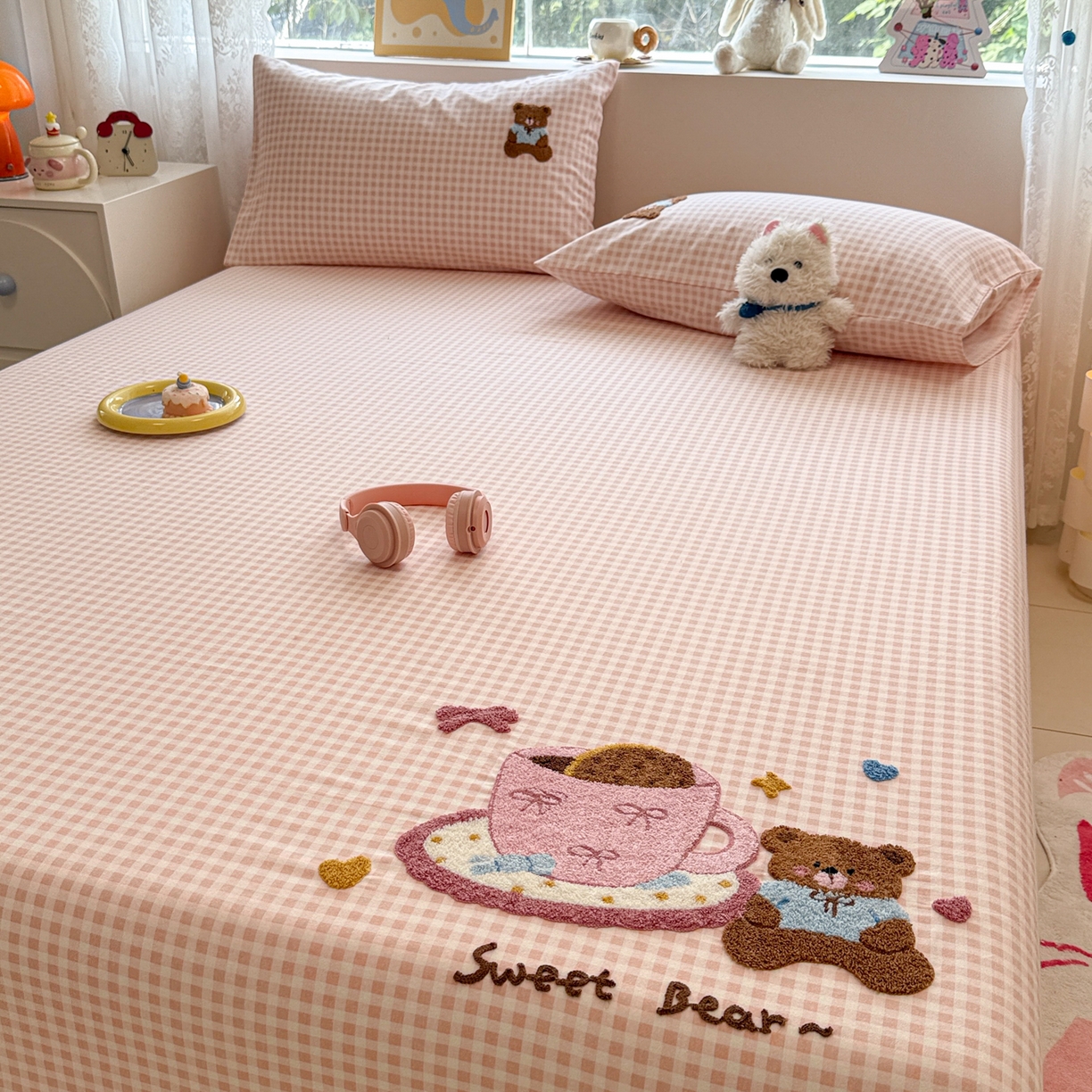 91家纺网 家纺一手货源 找家纺 慕尚家纺 2025新款全棉磨毛毛巾绣单床单 床单单件 茶杯小熊