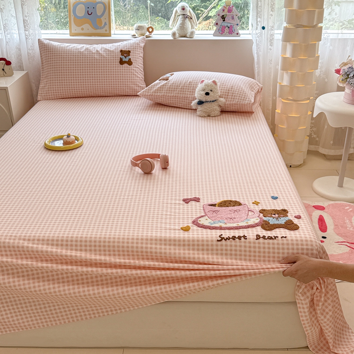 91家纺网 家纺一手货源 找家纺 慕尚家纺 2025新款全棉磨毛毛巾绣单床单 床单单件 茶杯小熊