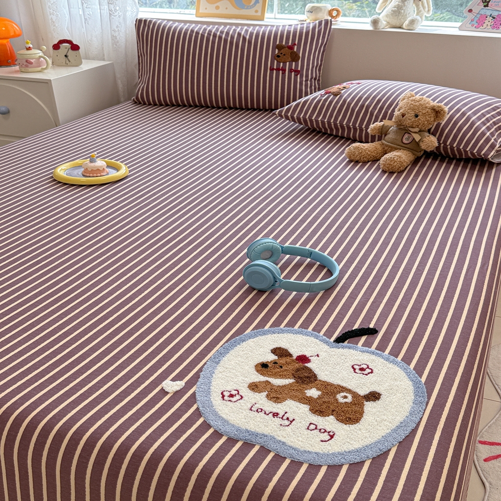 91家纺网 家纺一手货源 找家纺 慕尚家纺 2025新款全棉磨毛毛巾绣单床单 床单单件 大苹果小狗