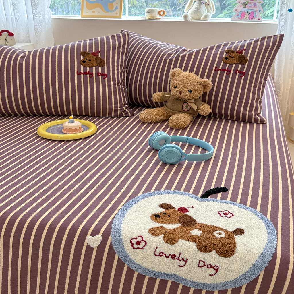 91家纺网 家纺一手货源 找家纺 慕尚家纺 2025新款全棉磨毛毛巾绣单床单 床单单件 大苹果小狗