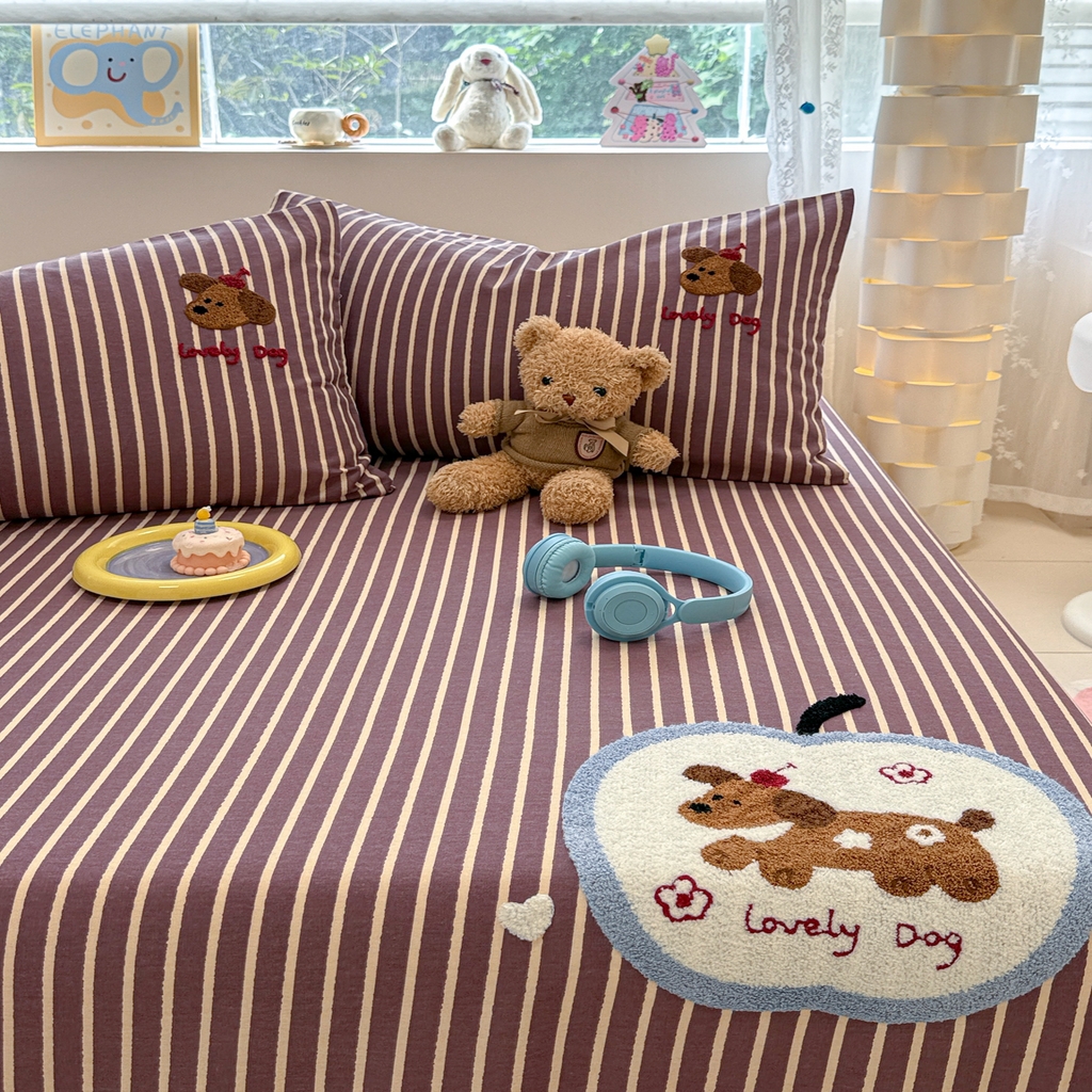 91家纺网 家纺一手货源 找家纺 慕尚家纺 2025新款全棉磨毛毛巾绣单床单 床单单件 大苹果小狗