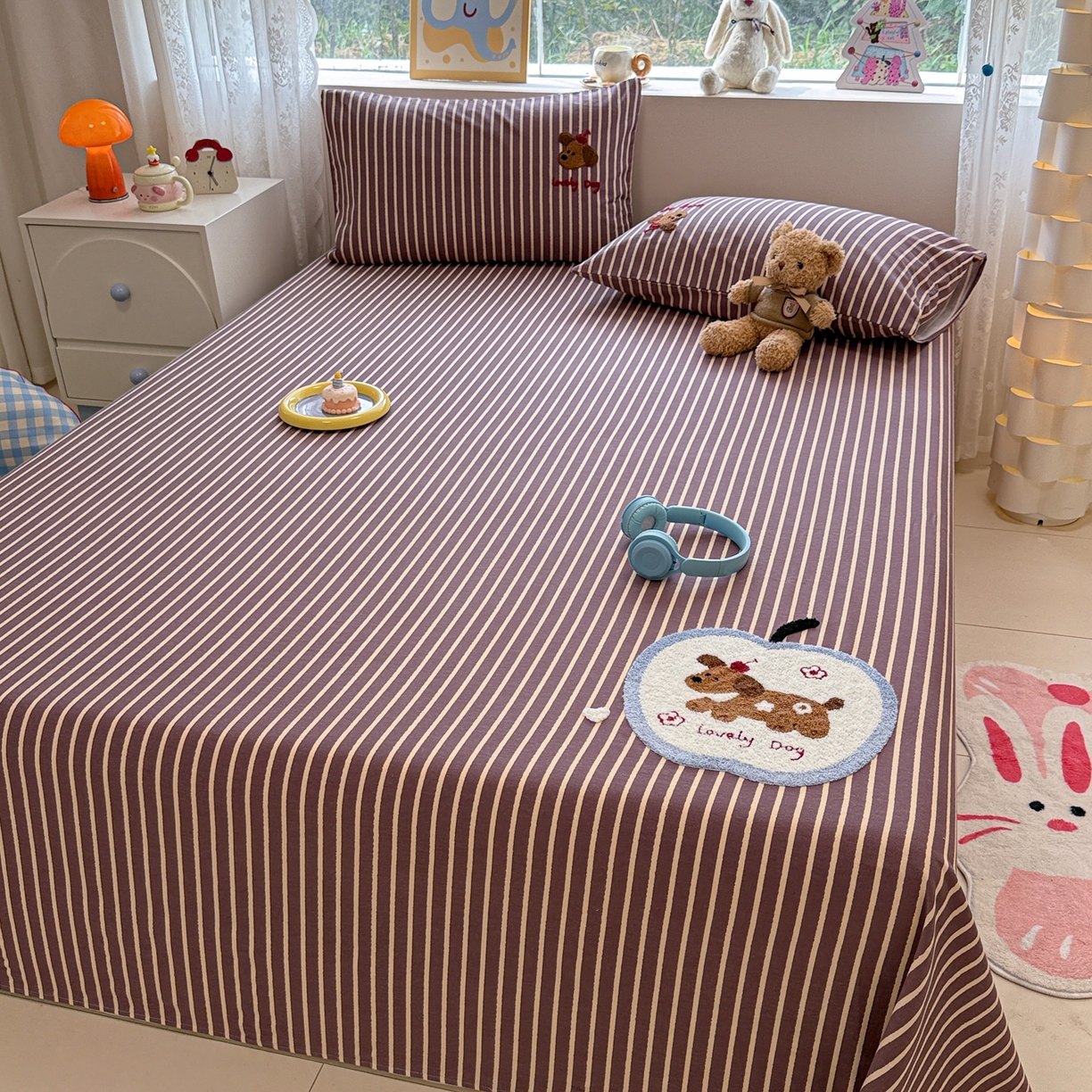 91家纺网 家纺一手货源 找家纺 慕尚家纺 2025新款全棉磨毛毛巾绣单床单 床单单件 大苹果小狗