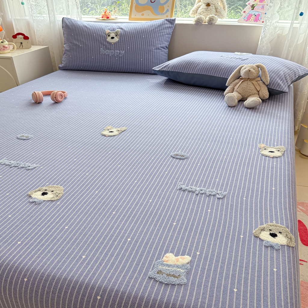 91家纺网 家纺一手货源 找家纺 慕尚家纺 2025新款全棉磨毛毛巾绣单床单 床单单件 乖乖狗