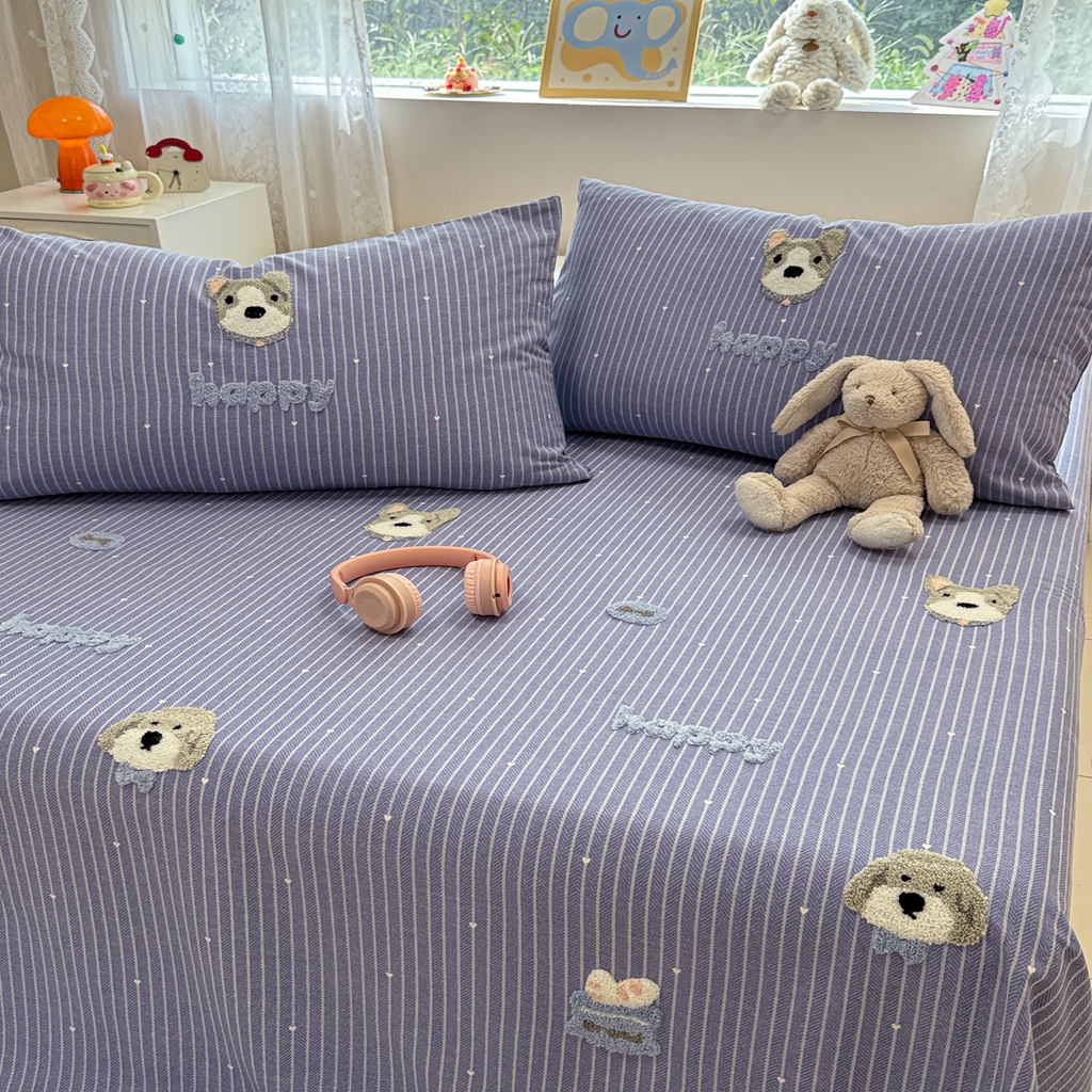 91家纺网 家纺一手货源 找家纺 慕尚家纺 2025新款全棉磨毛毛巾绣单床单 床单单件 乖乖狗