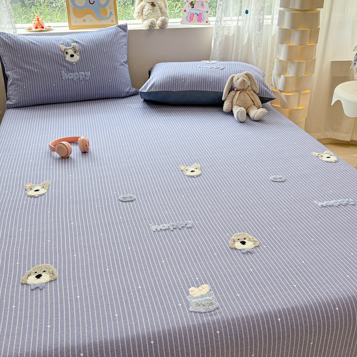 91家纺网 家纺一手货源 找家纺 慕尚家纺 2025新款全棉磨毛毛巾绣单床单 床单单件 乖乖狗