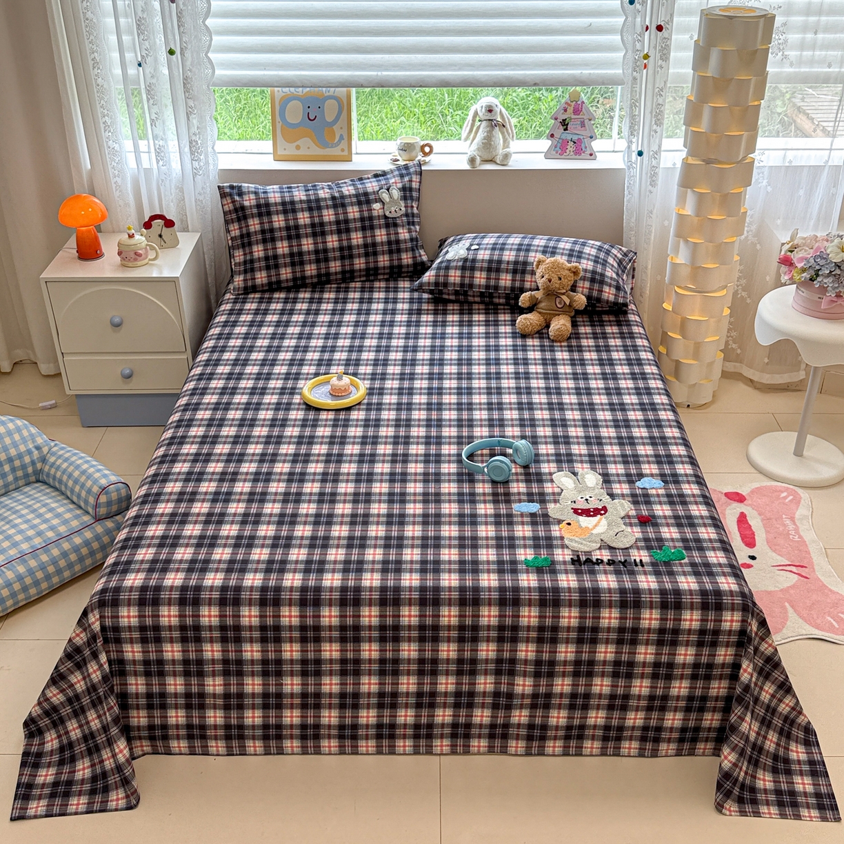 慕尚家纺 2025新款全棉磨毛毛巾绣单床单 床单单件 开心兔兔