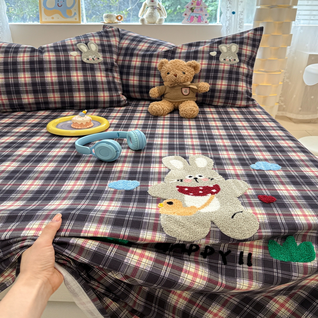 91家纺网 家纺一手货源 找家纺 慕尚家纺 2025新款全棉磨毛毛巾绣单床单 床单单件 开心兔兔