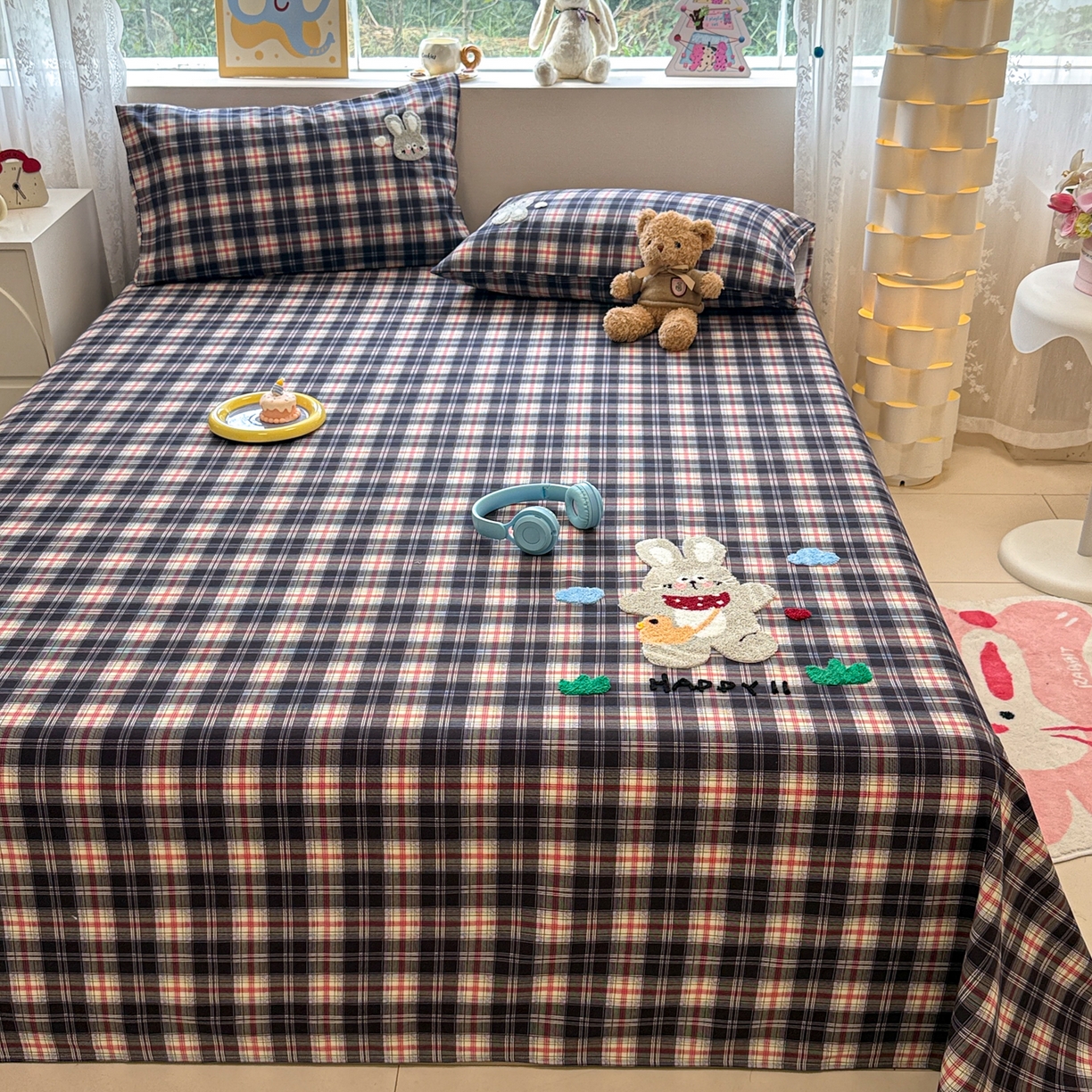 91家纺网 家纺一手货源 找家纺 慕尚家纺 2025新款全棉磨毛毛巾绣单床单 床单单件 开心兔兔