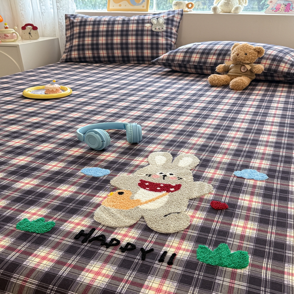 91家纺网 家纺一手货源 找家纺 慕尚家纺 2025新款全棉磨毛毛巾绣单床单 床单单件 开心兔兔