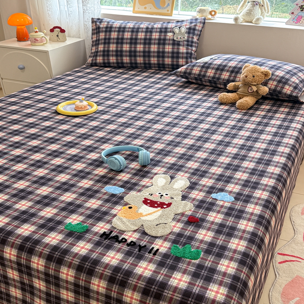 91家纺网 家纺一手货源 找家纺 慕尚家纺 2025新款全棉磨毛毛巾绣单床单 床单单件 开心兔兔