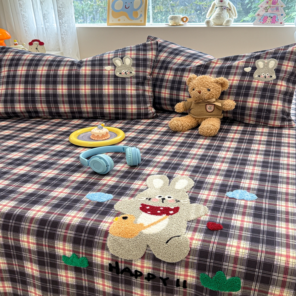 91家纺网 家纺一手货源 找家纺 慕尚家纺 2025新款全棉磨毛毛巾绣单床单 床单单件 开心兔兔