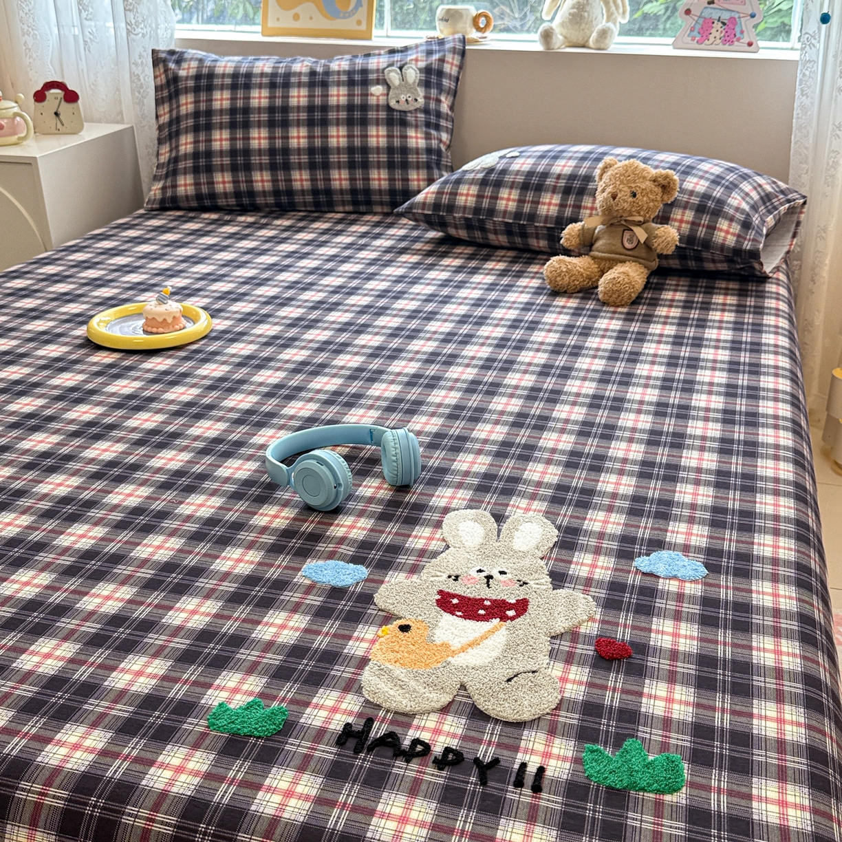 91家纺网 家纺一手货源 找家纺 慕尚家纺 2025新款全棉磨毛毛巾绣单床单 床单单件 开心兔兔