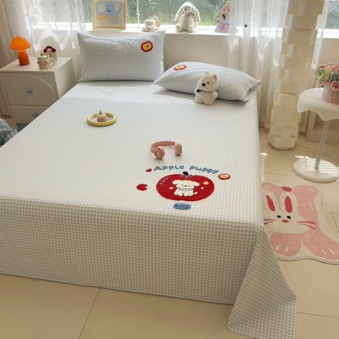 91家纺网 家纺一手货源 找家纺 慕尚家纺 2025新款全棉磨毛毛巾绣单床单 床单单件 苹安瑞瑞