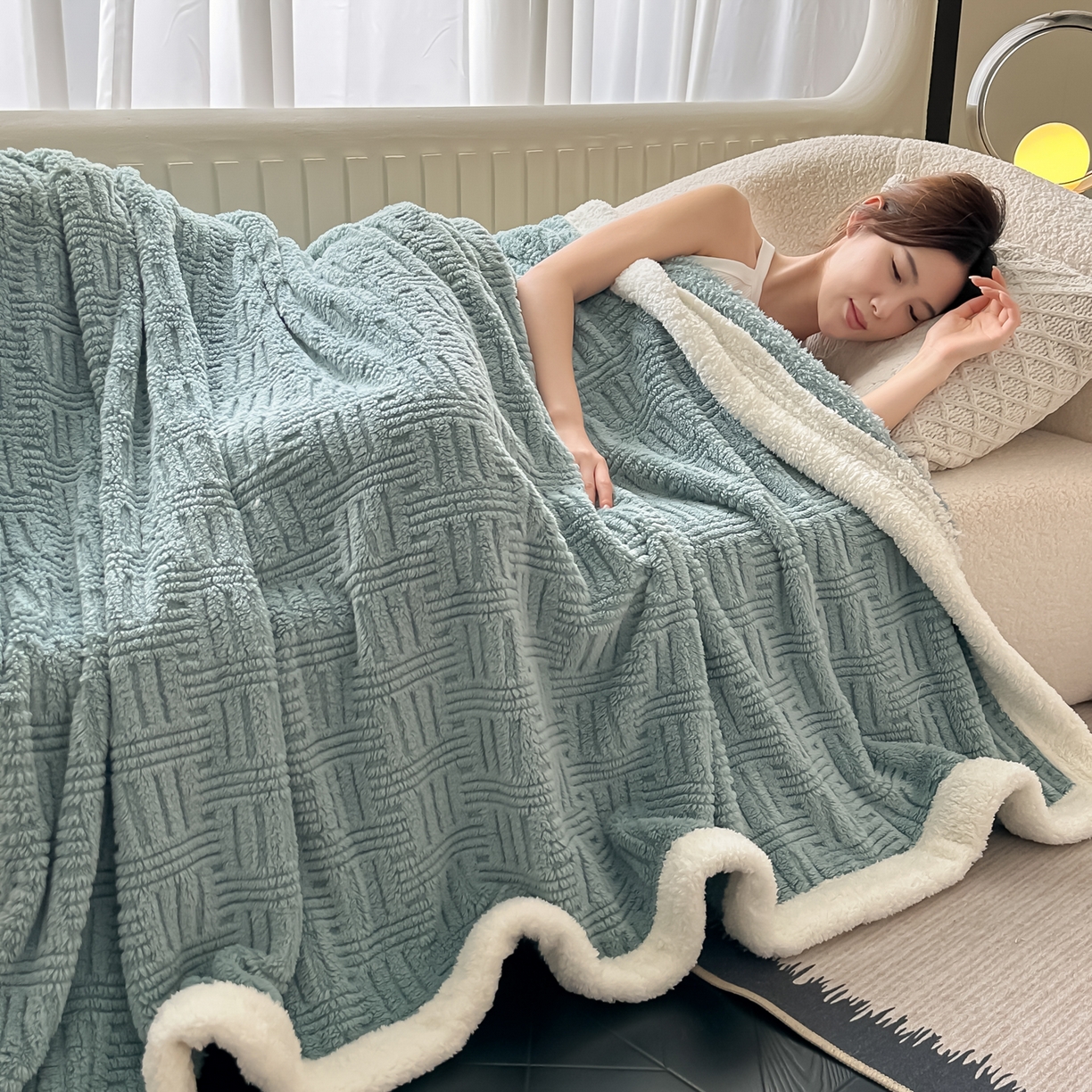 91家纺网 家纺一手货源 找家纺 永耀家纺 2025新款横竖格单层双面绒毛毯 半岛蓝