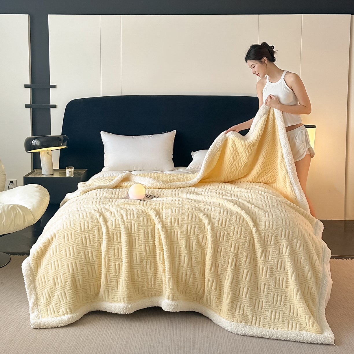 永耀家纺 2025新款横竖格单层双面绒毛毯 稻香黄