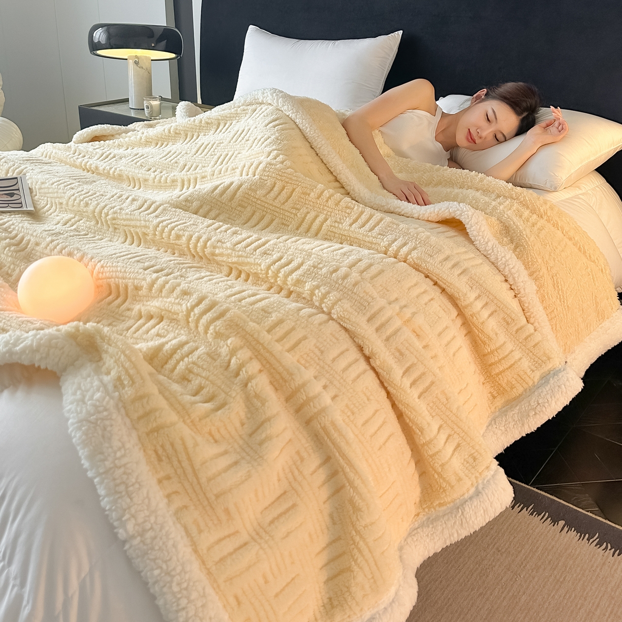 91家纺网 家纺一手货源 找家纺 永耀家纺 2025新款横竖格单层双面绒毛毯 稻香黄