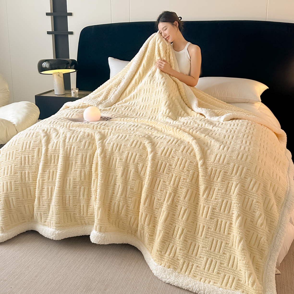 91家纺网 家纺一手货源 找家纺 永耀家纺 2025新款横竖格单层双面绒毛毯 稻香黄