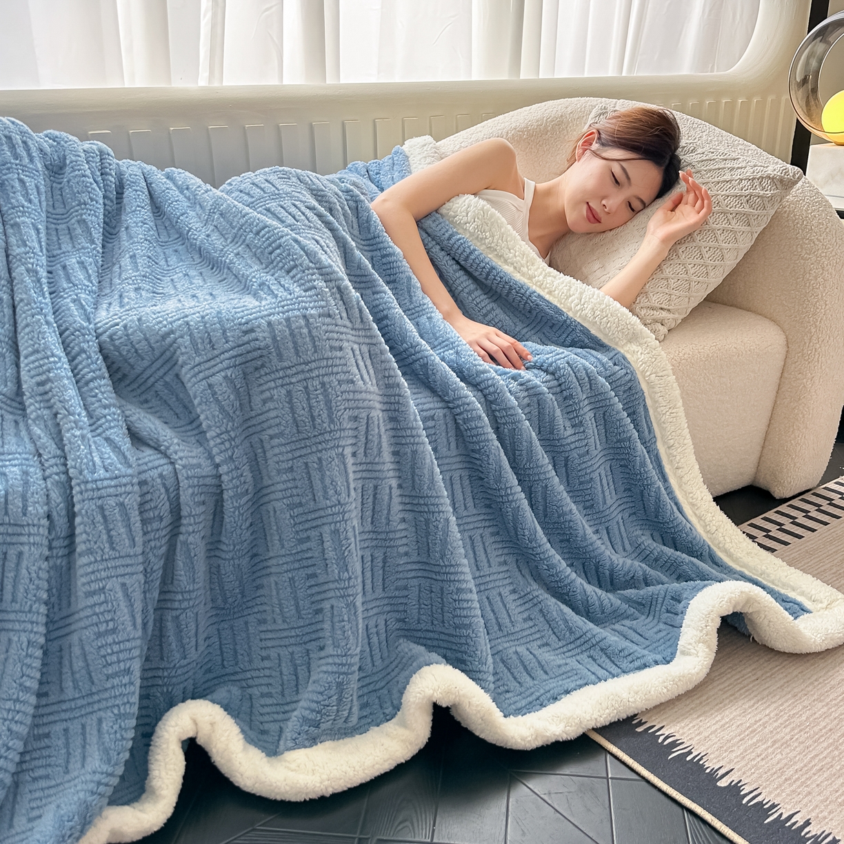 91家纺网 家纺一手货源 找家纺 永耀家纺 2025新款横竖格单层双面绒毛毯 贵族蓝