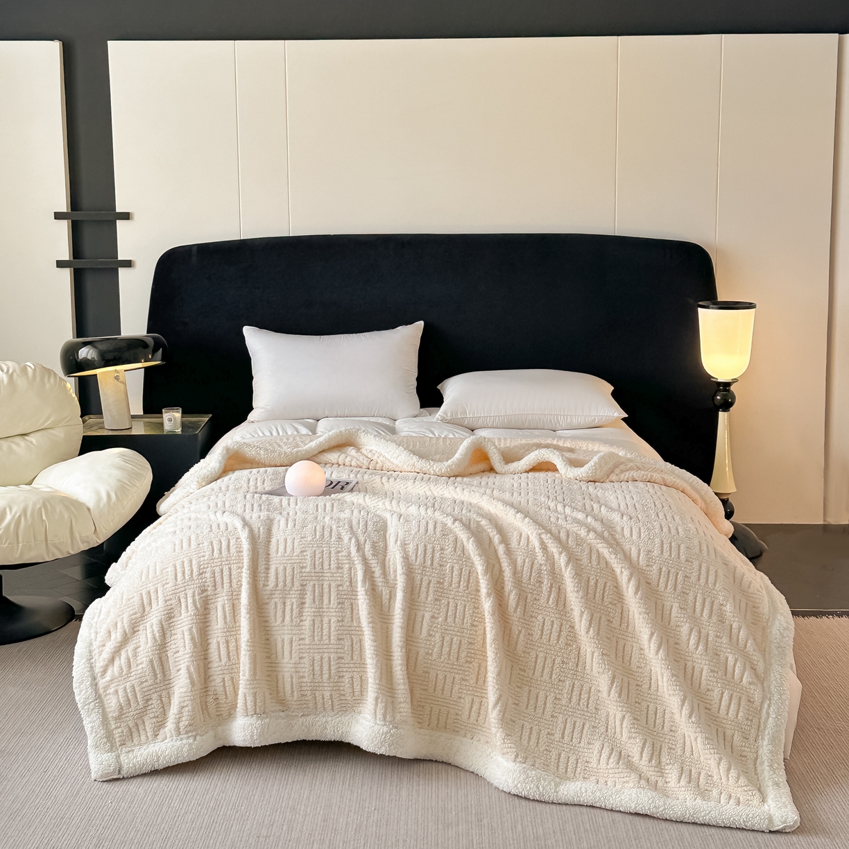 永耀家纺 2025新款横竖格单层双面绒毛毯 暖米杏