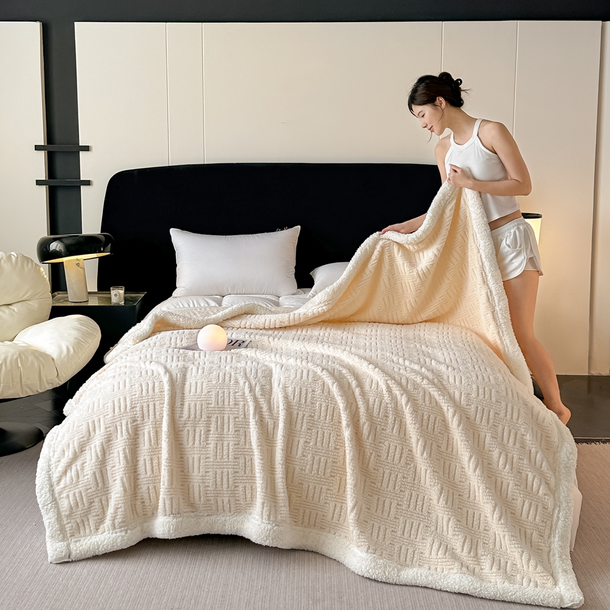 91家纺网 家纺一手货源 找家纺 永耀家纺 2025新款横竖格单层双面绒毛毯 暖米杏