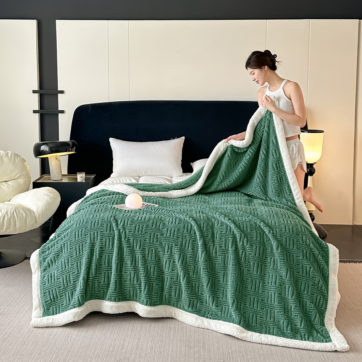 永耀家纺 2025新款横竖格单层双面绒毛毯 青木绿