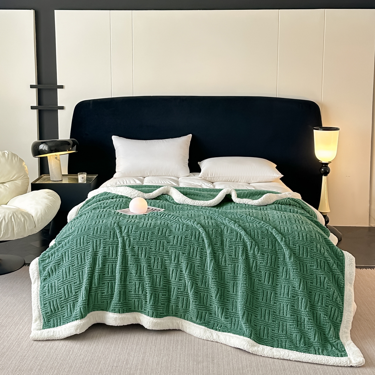 91家纺网 家纺一手货源 找家纺 永耀家纺 2025新款横竖格单层双面绒毛毯 青木绿