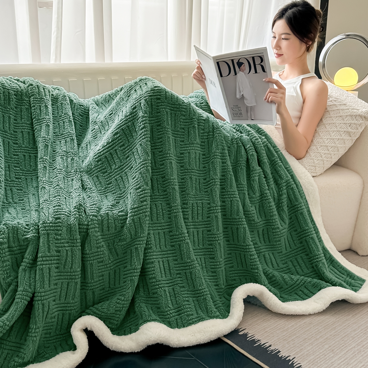 91家纺网 家纺一手货源 找家纺 永耀家纺 2025新款横竖格单层双面绒毛毯 青木绿