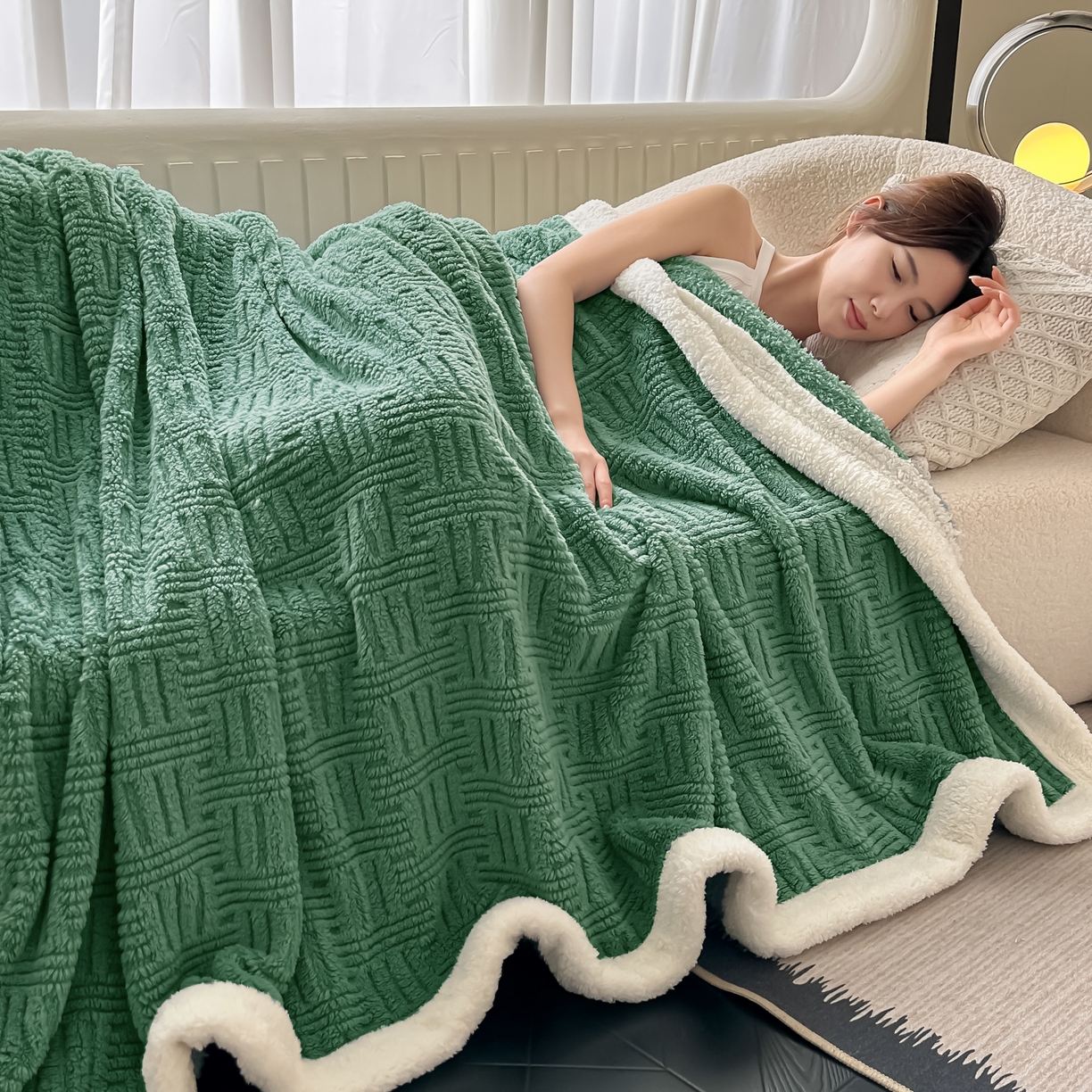 91家纺网 家纺一手货源 找家纺 永耀家纺 2025新款横竖格单层双面绒毛毯 青木绿