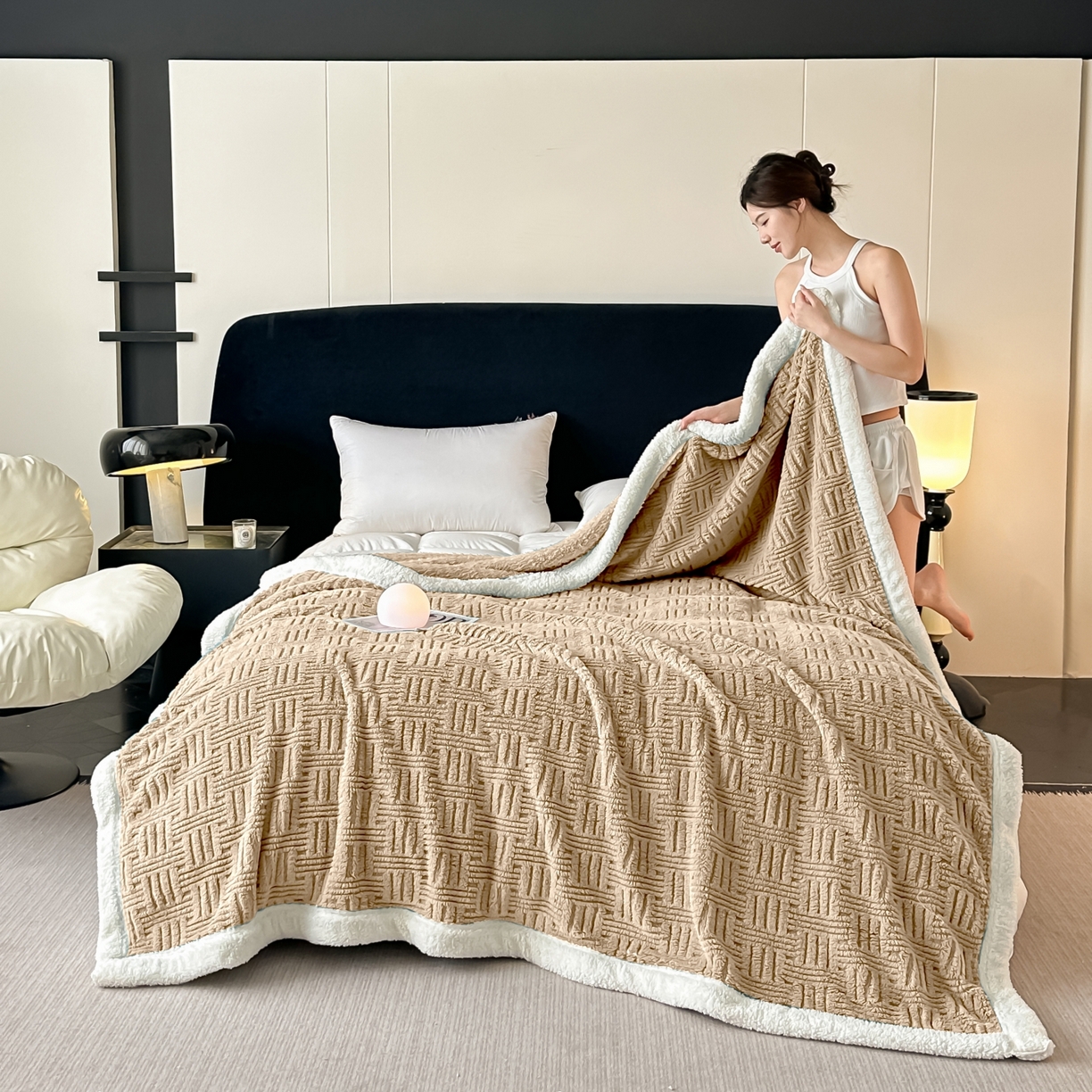 永耀家纺 2025新款横竖格单层双面绒毛毯 深卡其