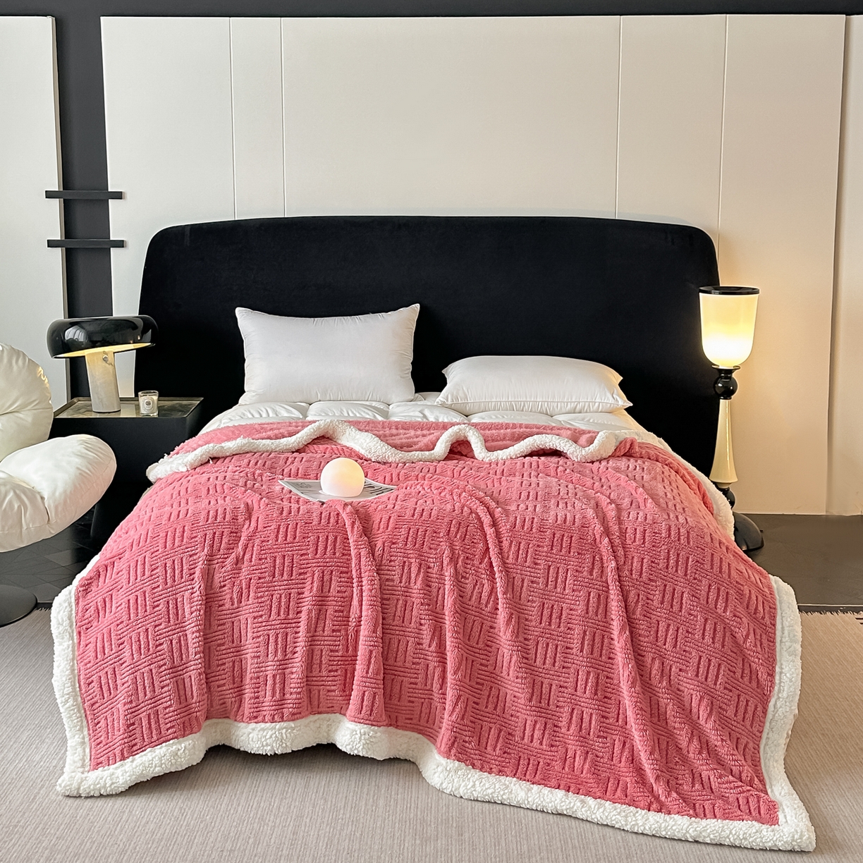 永耀家纺 2025新款横竖格单层双面绒毛毯 桃粉色