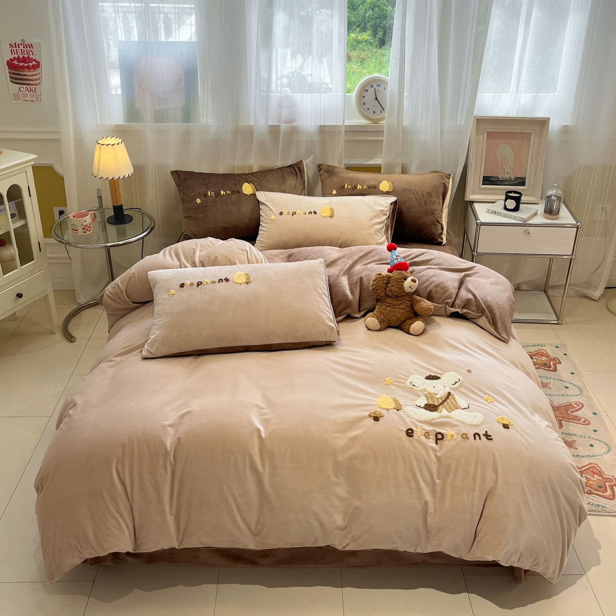 91家纺网 家纺一手货源 找家纺 麦空家居 2025新款高克重A类A版宝宝绒B版牛奶绒毛巾绣三件套四件套 小象-香槟