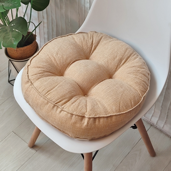 91家纺网 家纺一手货源 找家纺 李帅家居 2025新款加厚透气舒适圆形立体亚麻坐垫 圆形立体麻色