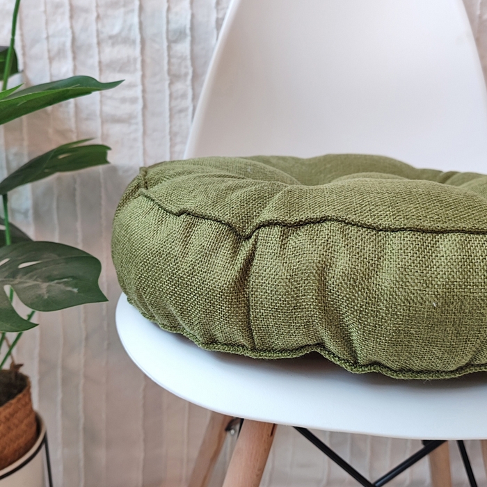 91家纺网 家纺一手货源 找家纺 李帅家居 2025新款加厚透气舒适圆形立体亚麻坐垫 圆形立体雅绿