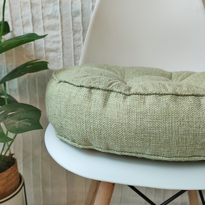 91家纺网 家纺一手货源 找家纺 李帅家居 2025新款加厚透气舒适圆形立体亚麻坐垫 圆形立体抹茶绿