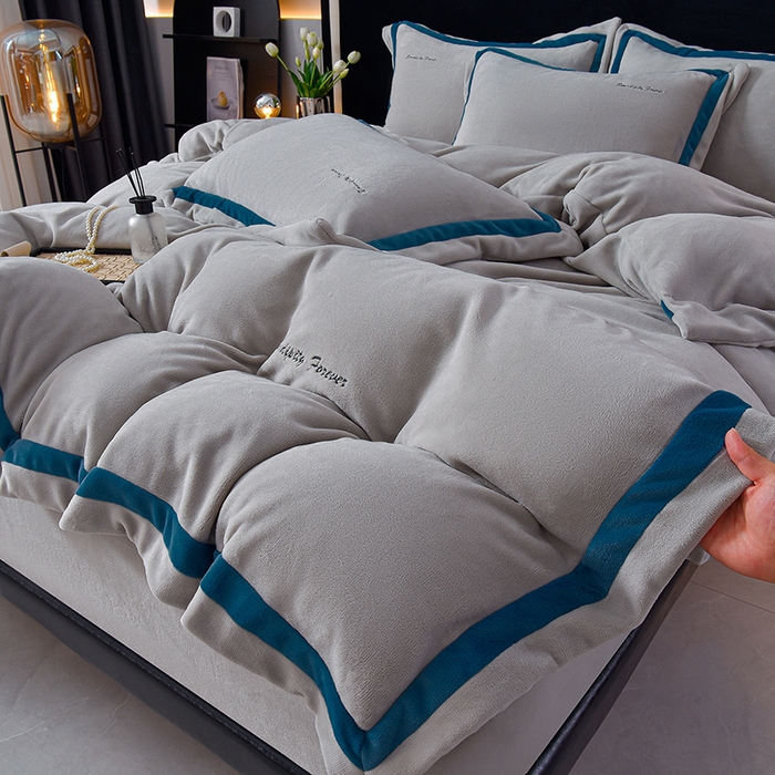 91家纺网 家纺一手货源 找家纺 米奈家居 2025新款宝宝绒撞色拼角四件套-罗兰 高级灰