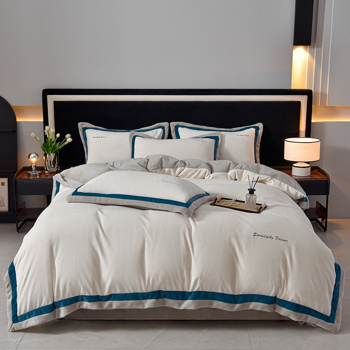 91家纺网 家纺一手货源 找家纺 米奈家居 2025新款宝宝绒撞色拼角四件套-罗兰 绅士白