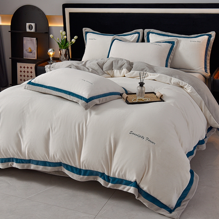 91家纺网 家纺一手货源 找家纺 米奈家居 2025新款宝宝绒撞色拼角四件套-罗兰 绅士白