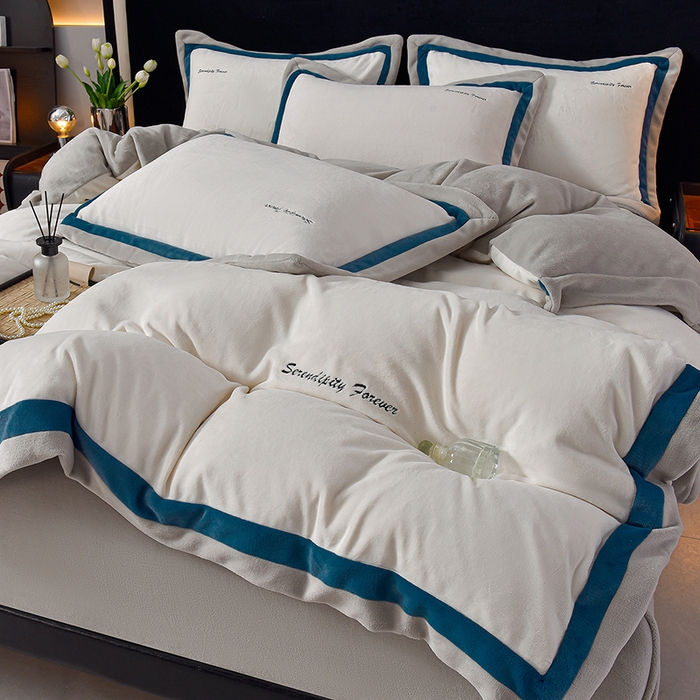 91家纺网 家纺一手货源 找家纺 米奈家居 2025新款宝宝绒撞色拼角四件套-罗兰 绅士白