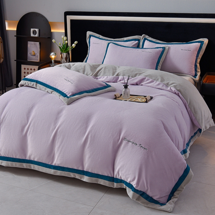 91家纺网 家纺一手货源 找家纺 米奈家居 2025新款宝宝绒撞色拼角四件套-罗兰 香芋紫