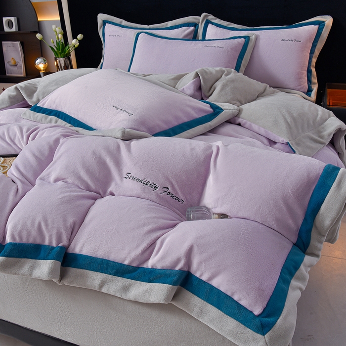 91家纺网 家纺一手货源 找家纺 米奈家居 2025新款宝宝绒撞色拼角四件套-罗兰 香芋紫