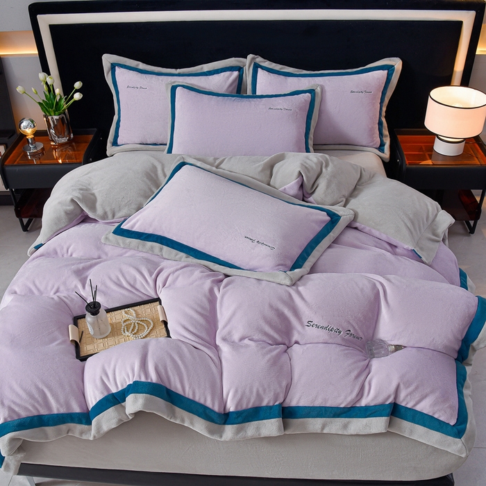 91家纺网 家纺一手货源 找家纺 米奈家居 2025新款宝宝绒撞色拼角四件套-罗兰 香芋紫