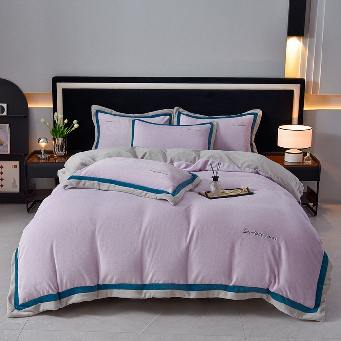 91家纺网 家纺一手货源 找家纺 米奈家居 2025新款宝宝绒撞色拼角四件套-罗兰 香芋紫